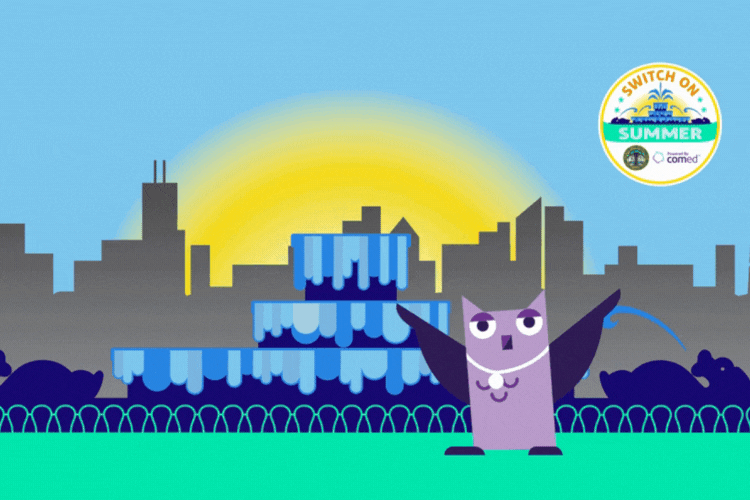 Buckingham Fountain and a purple owl mascot with Chicago skyline.