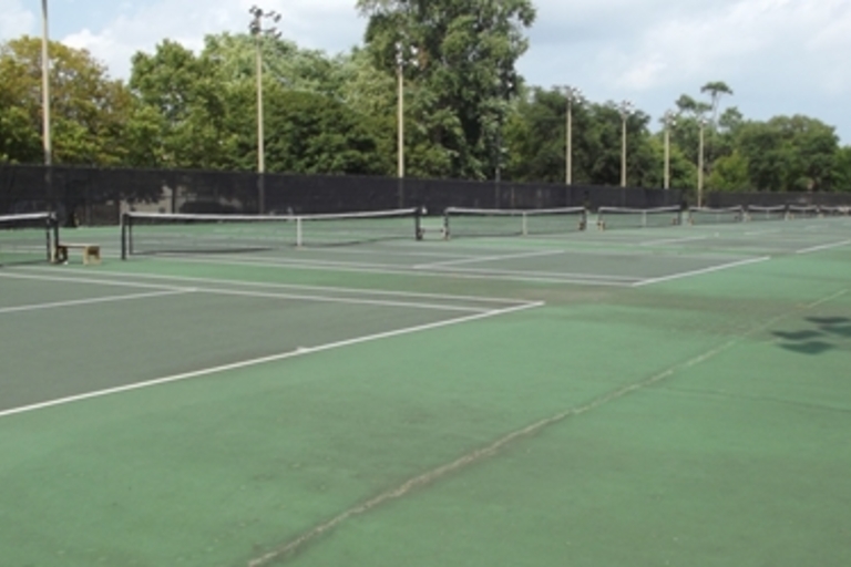 Several green tennis courts on a sunny day.