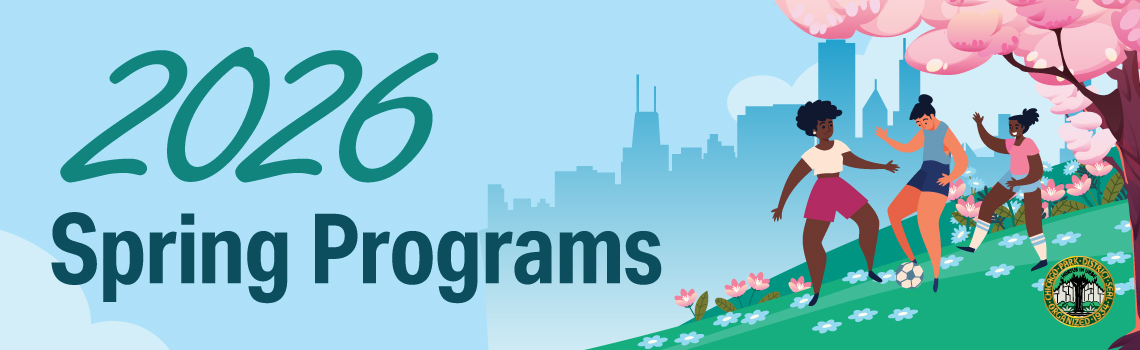 Graphic: Three women playing soccer in a spring park with city skyline. Text: 2026 Spring Programs.