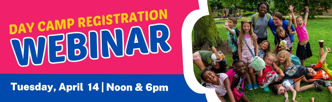 Graphic promoting a day camp registration webinar on Tuesday, April 14 at Noon and 6pm, with a photograph of children in a park.