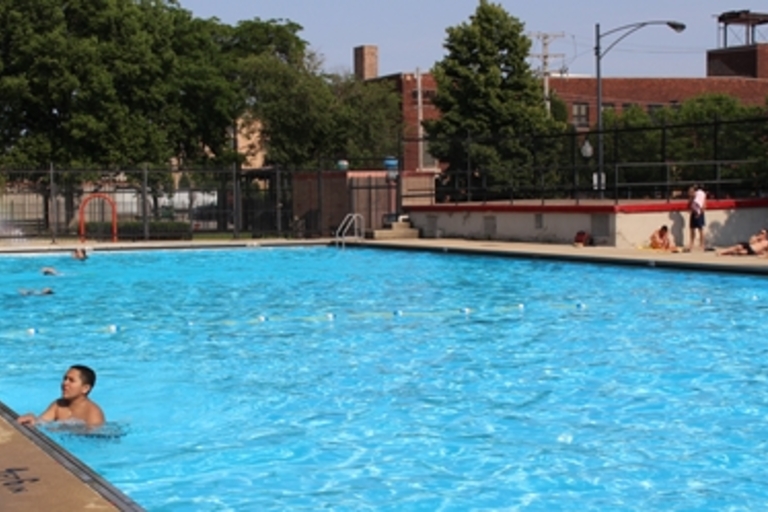 People swim in a bright blue public pool on a sunny day.