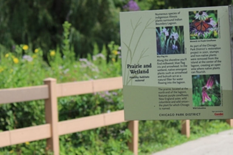 Prairie and Wetland informational sign at Chicago Park District.