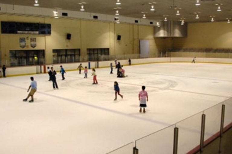 Ice skaters enjoy an indoor rink.
