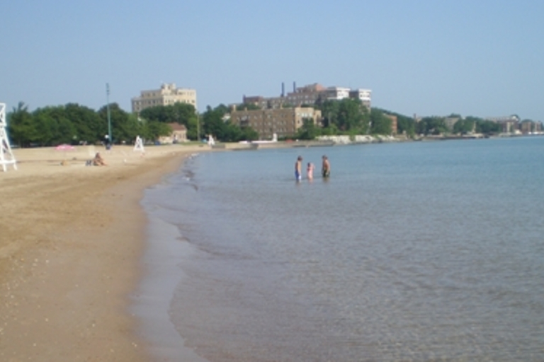 Sandy beach with people wading in shallow water; buildings and trees in the background.