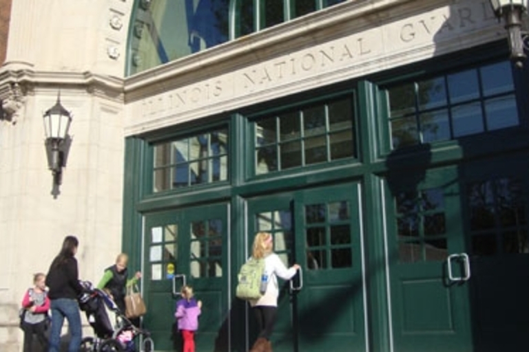 Families enter the Illinois National Guard Armory.