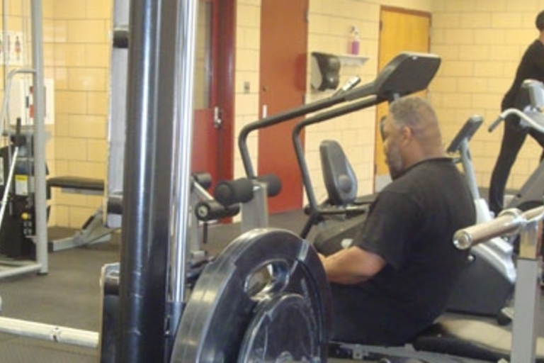People exercising in a gym.
