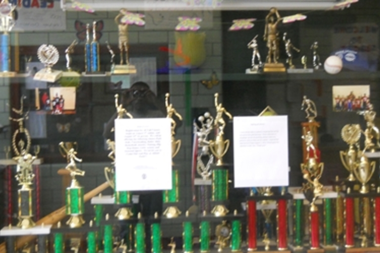 Display case filled with sports trophies.
