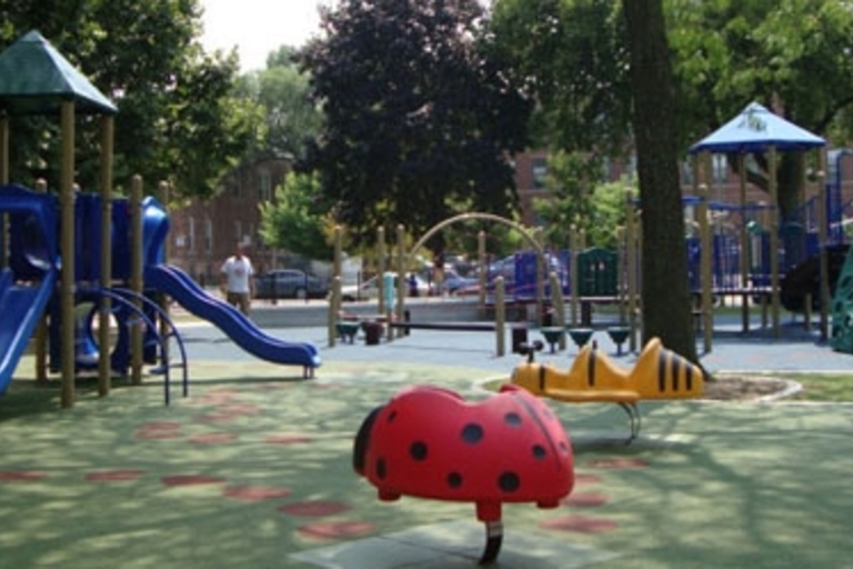 Colorful playground with slides and ladybug and bee spring riders.

