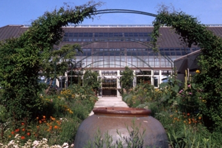 Vine-covered arches frame a greenhouse and flower garden path.