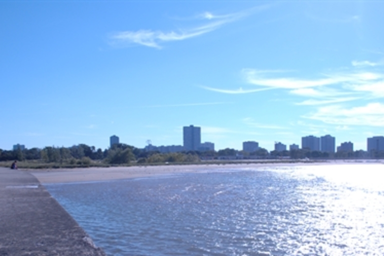 Person walks away from camera on pier toward sunny beach and distant city.