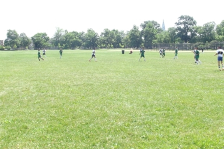 Youth soccer game on a grassy field.
