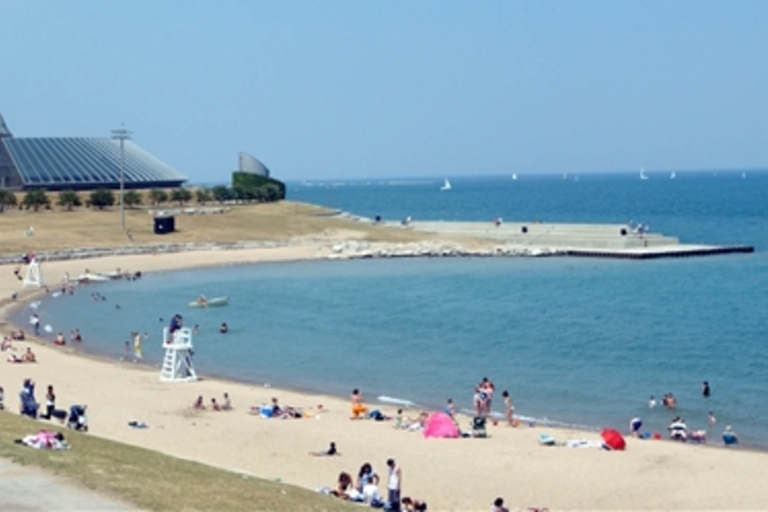 Crowded beach next to Adler Planetarium in Chicago.