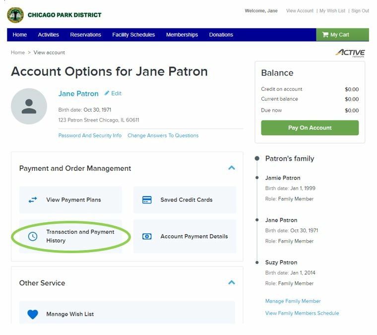 Transaction and Payment History button selected.