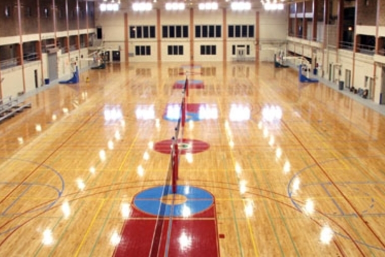 Empty gymnasium with polished wooden floor and basketball/volleyball markings.
