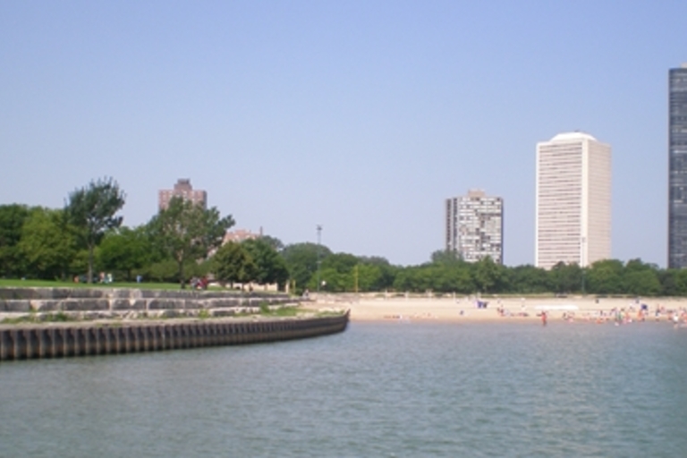 Chicago beach with high-rise buildings in background.