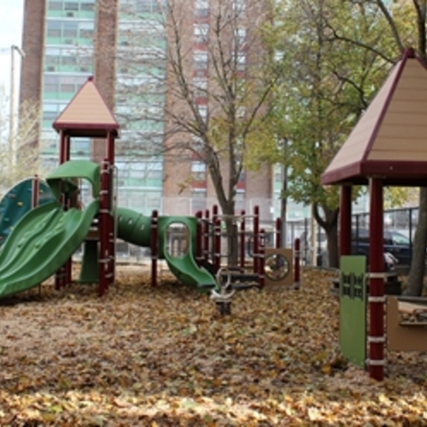 Playground with slides, swings, and climbing structures covered in autumn leaves.