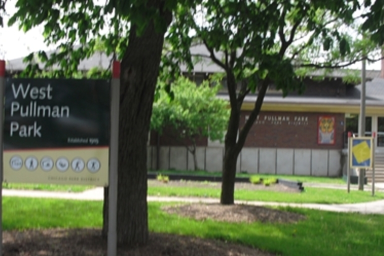 West Pullman Park field house and sign.