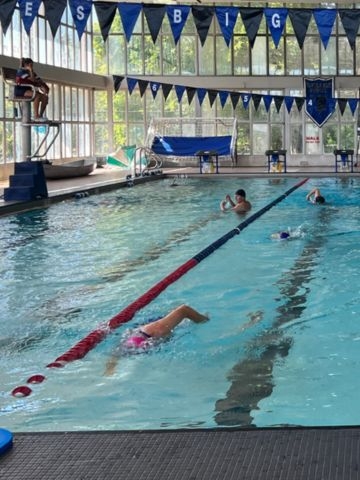 Swimmers in an indoor pool with a lifeguard on duty and pennant banners overhead.