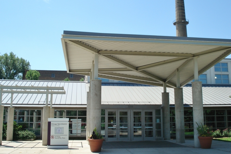 Entrance to a Chicago Park District building with a modern awning.