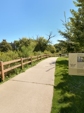 Paved path through a prairie restoration area with a wooden fence and informational sign. A large building is visible in the background.