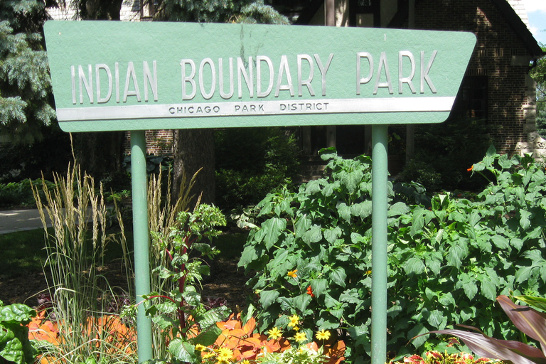 Indian Boundary Park sign in a garden. Chicago Park District.