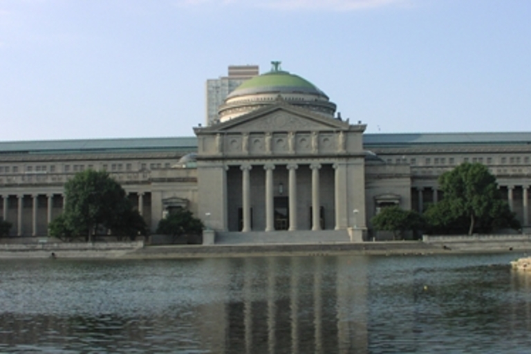 Museum of Science and Industry, Chicago, seen from across a lagoon.