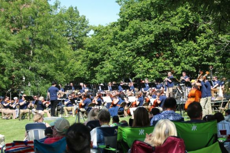 Orchestra performs outdoors for seated audience.
