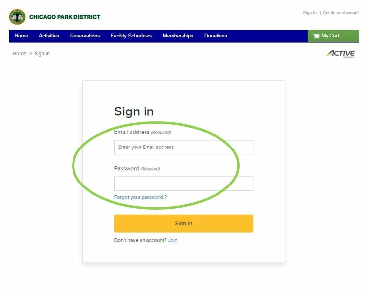 Chicago Park District sign-in form.