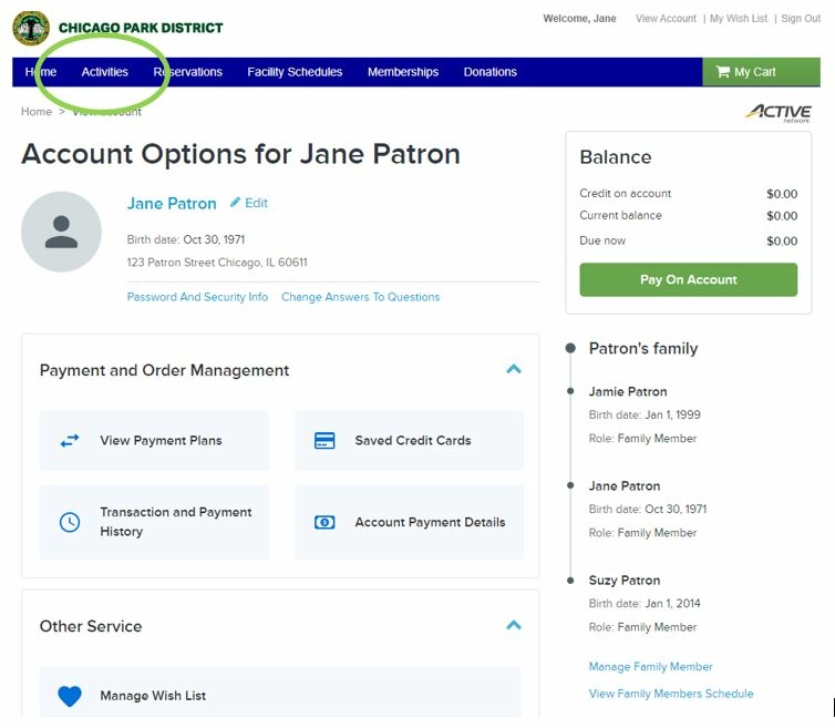 Chicago Park District account options for Jane Patron.
