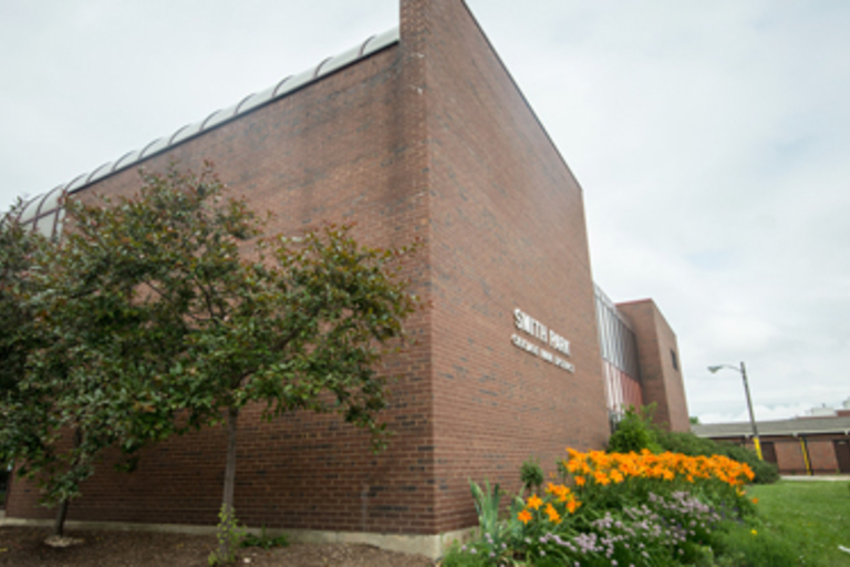 Smith Park field house exterior with landscaping.