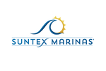 Suntex Marinas logo: stylized blue wave and gold sun.