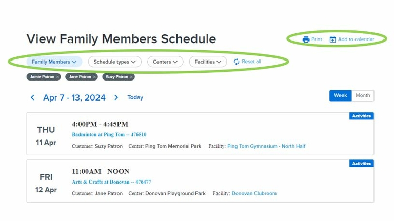 Family member schedule view with filtering options.