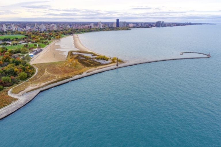 Aerial view of Montrose Point and harbor, Chicago.
