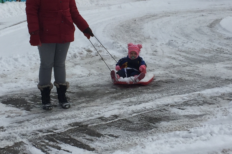 Woman pulls toddler on sled across snowy path.