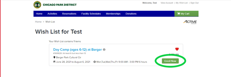 "Enroll Now" button for Day Camp (ages 6-12) at Berger Park.