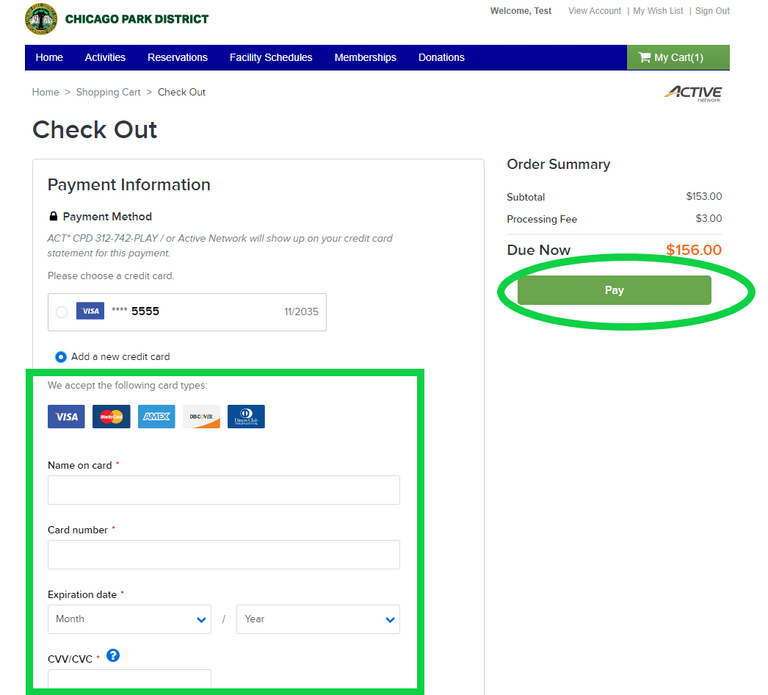 Chicago Park District checkout page. Pay button highlighted. Credit card form displayed.