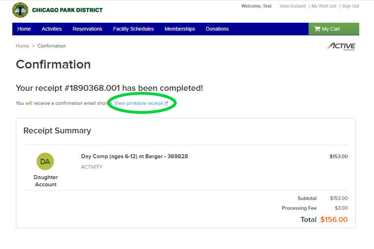 Link to view printable receipt.