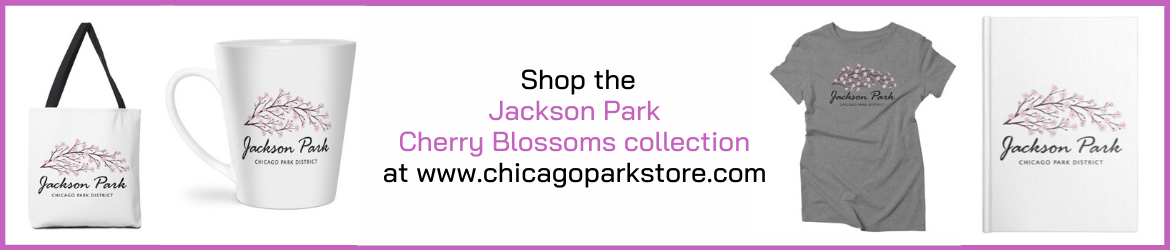 Jackson Park Cherry Blossom merchandise: tote bag, mug, t-shirt, and journal.