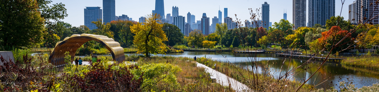 Visitors enjoy a sunny autumn day at Lincoln Park with the Chicago skyline in the background.