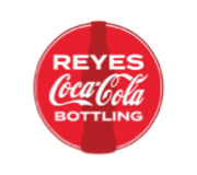 Logo for Reyes Coca-Cola Bottling: red circle with bottle silhouette and white text.