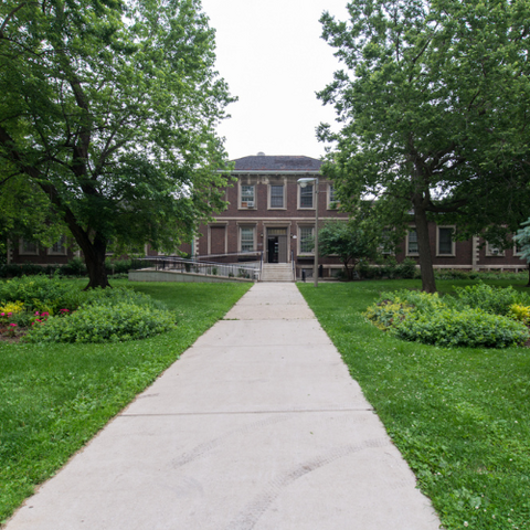 Photograph of brick building behind trees and sidewalk.