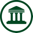 Green icon of a classical building with columns.

