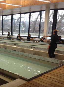 Rowing team practices indoors on rowing tanks.
