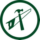 Carpentry tools: hammer, saw, and speed square.
