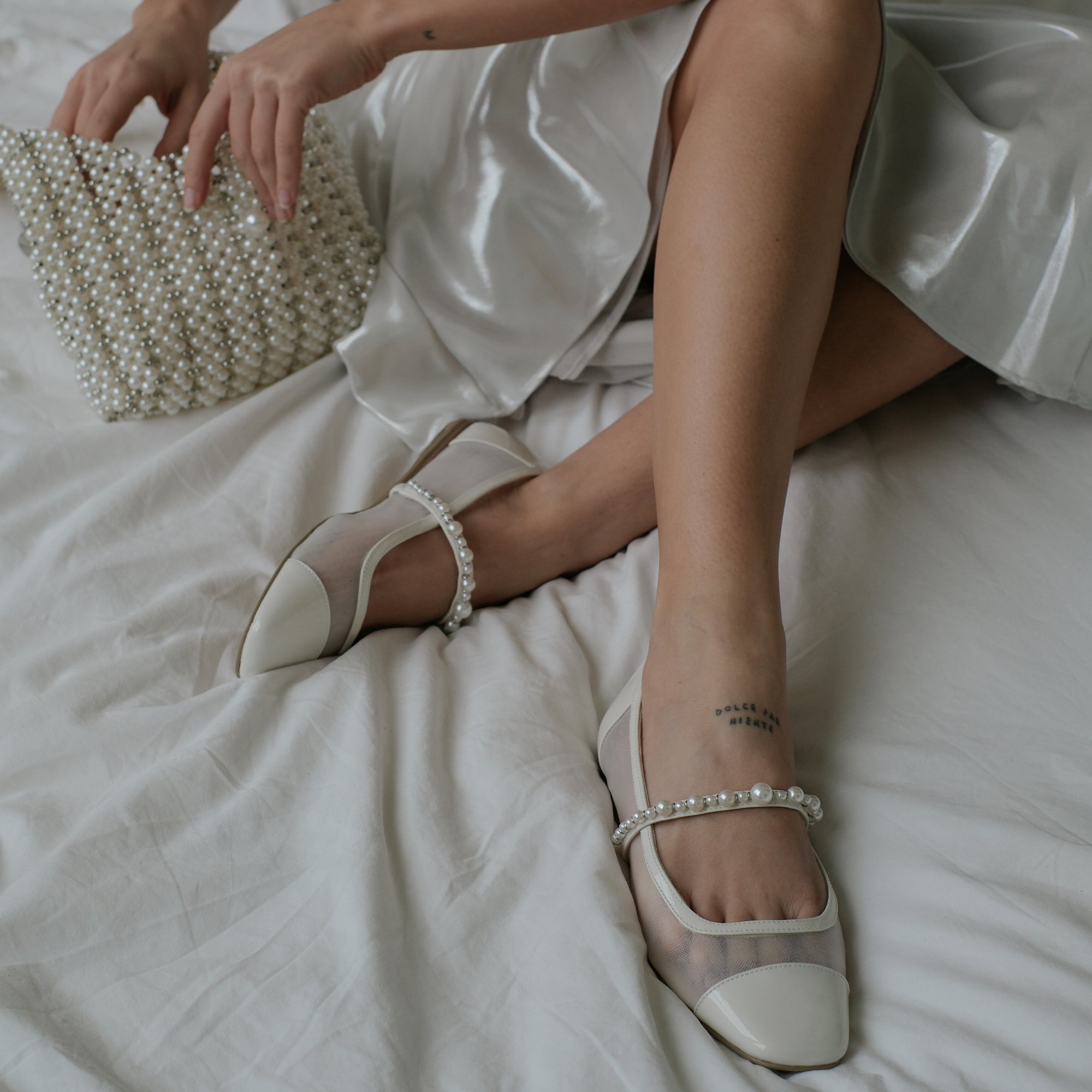 ROLLIN PEARL BALLET FLATS WHITE MESH