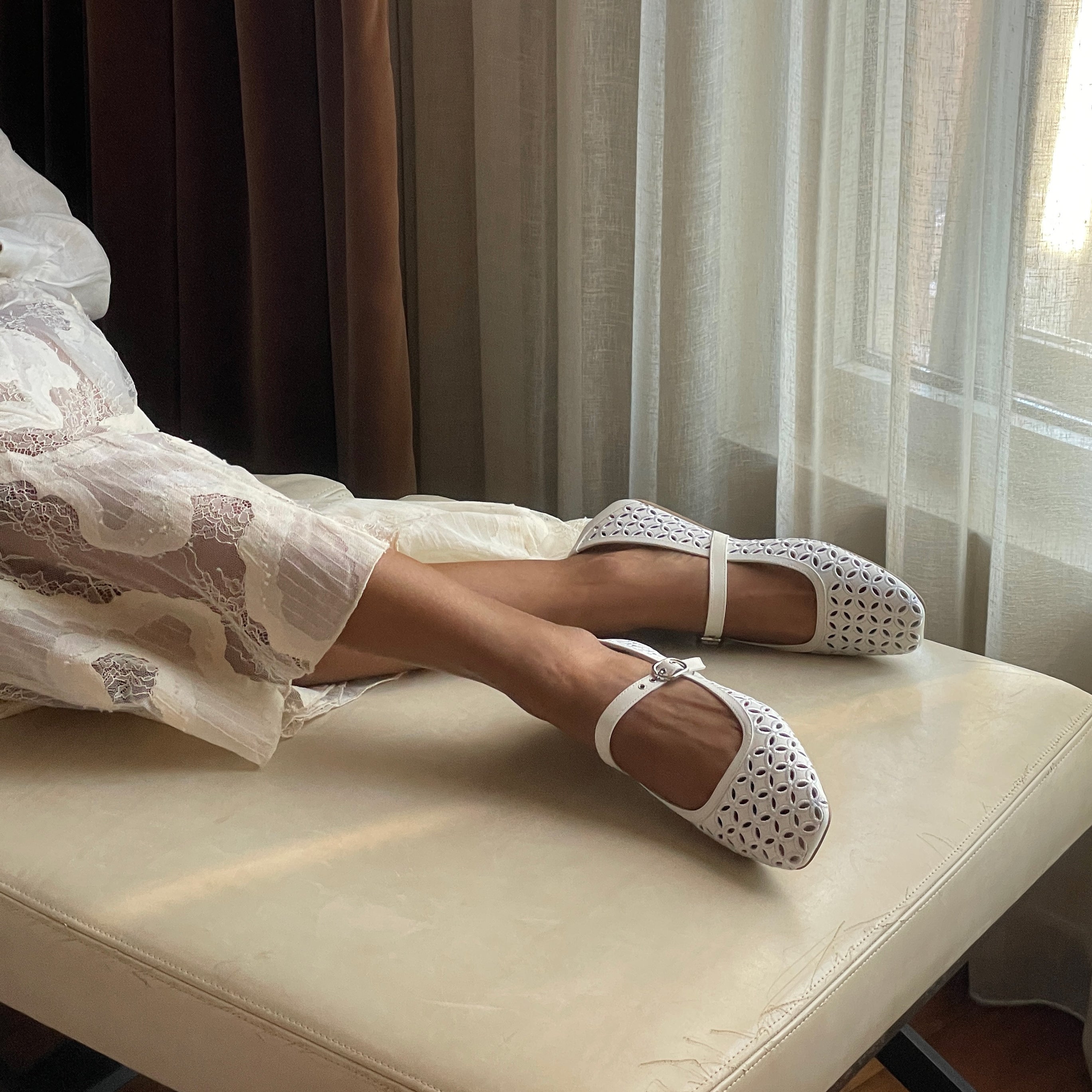 RODNI EYELET PERF BALLET FLATS TRUE WHITE LEATHER