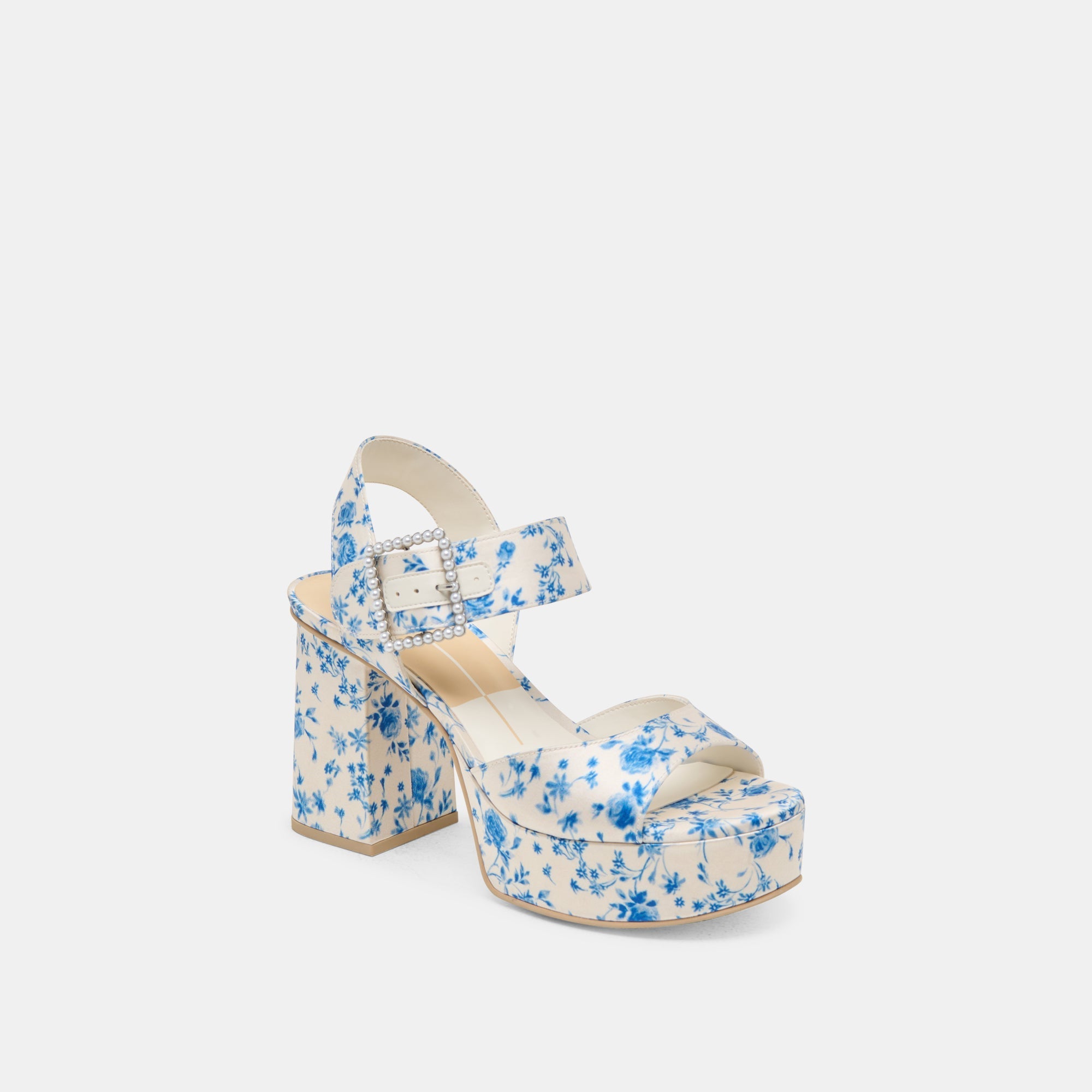 BOBBY PEARL HEELS BLUE FLORAL SATIN - re:vita
