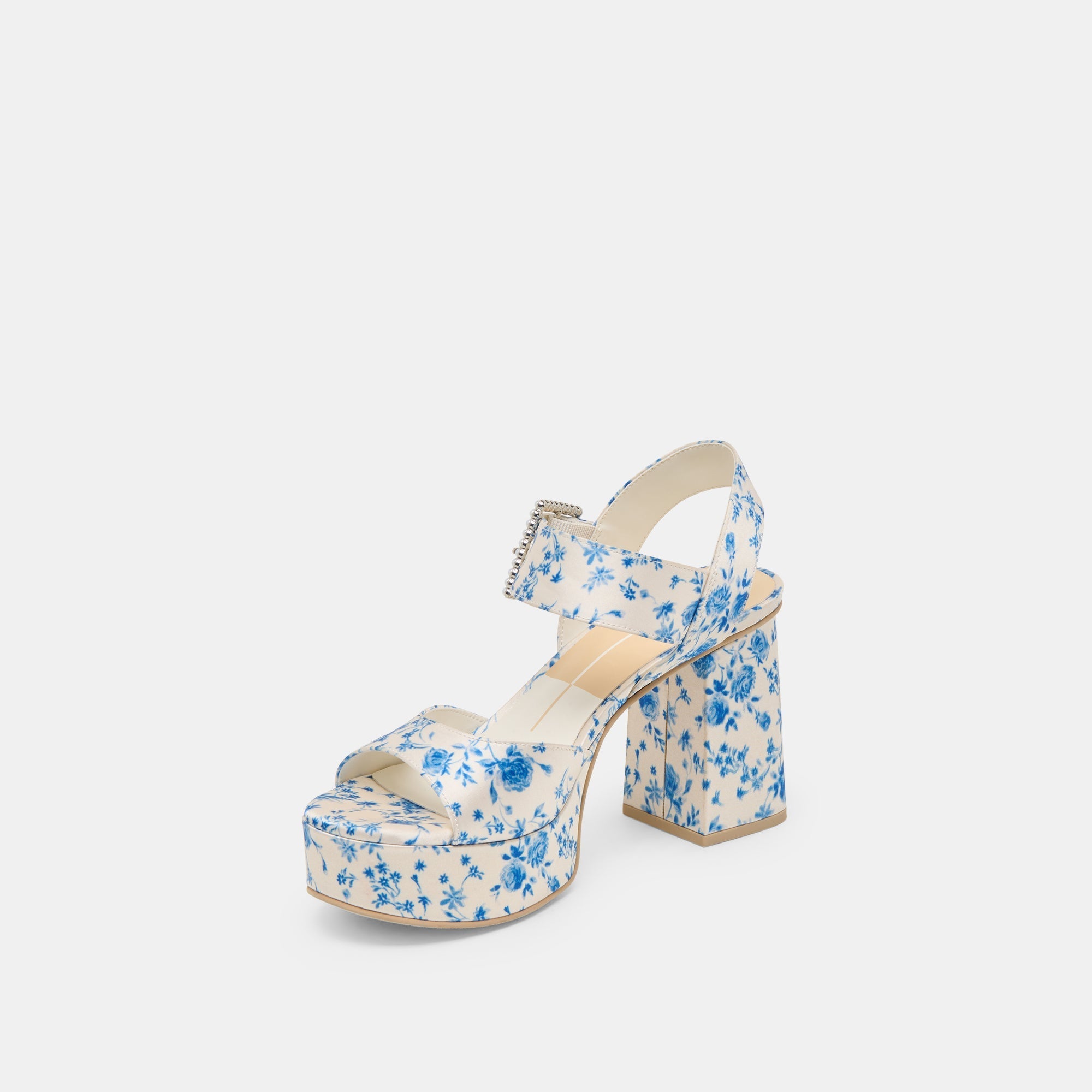 BOBBY PEARL HEELS BLUE FLORAL SATIN - re:vita