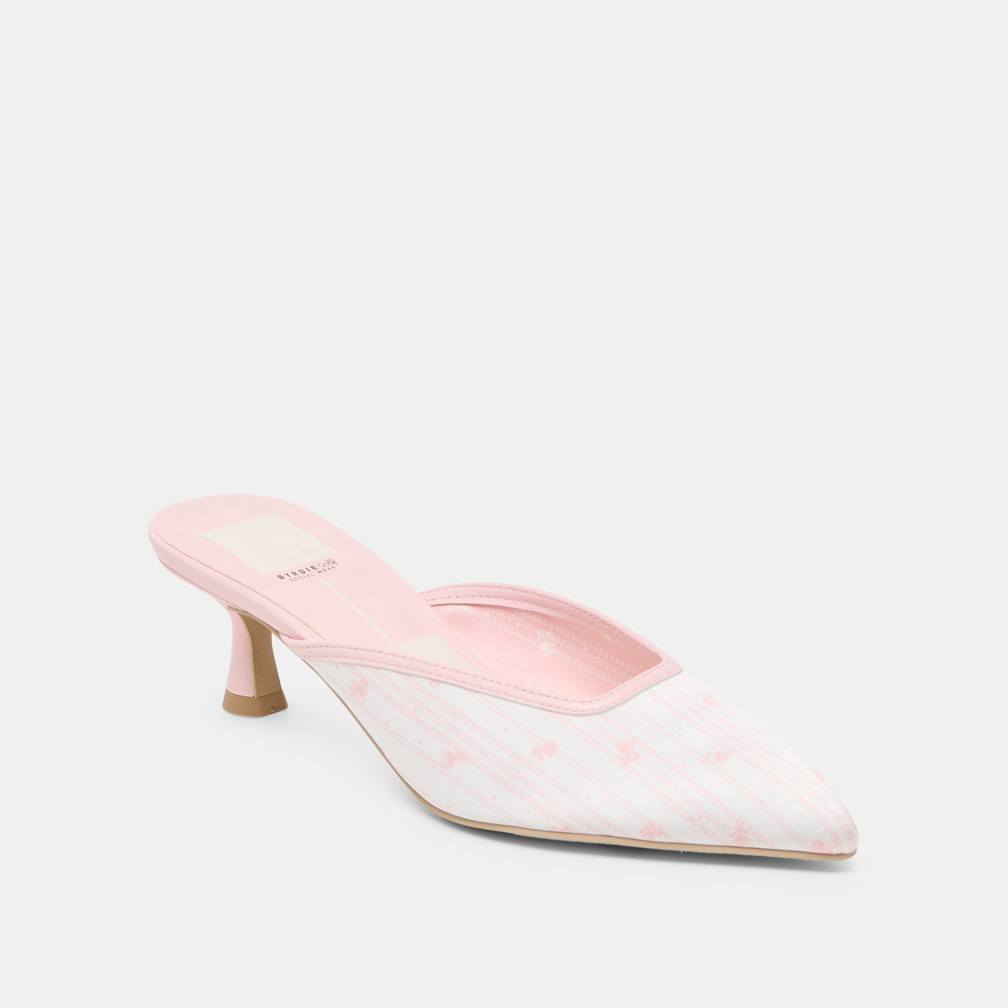 CLEO X BYRDIE GOLF WIDE HEELS PINK FLORAL SATIN