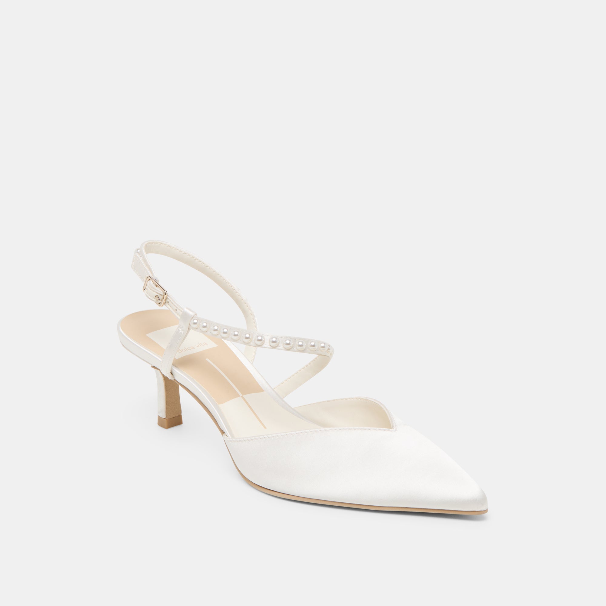 KAMRA PEARL MID HEELS TRUE WHITE SATIN